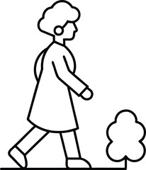 Black line icon of a senior woman walking past a stylized tree on white park