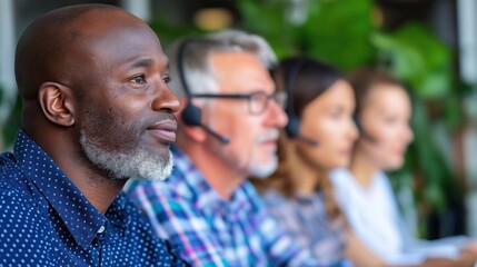 Diverse group of professionals in an office setting, wearing headsets, focused on tasks. Ideal for teamwork, communication, and business concepts.