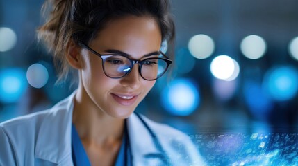 Young gorgeous Caucasian brunette doctor wearing glasses examines test results using futuristic medical visualization highlights healthcare for advanced medical technology in modern clinic