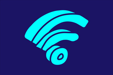 The image shows a minimalist illustration of a Wi-Fi signal icon. The symbol consists of three curved lines radiating from a central circle, all in bright cyan color with dark blue outlines.