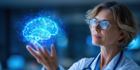 A middle-aged blonde Caucasian doctor wearing glasses examines brain issues using a glowing blue 3D brain hologram. The futuristic medical visualization highlights healthcare, advanced neuroscience