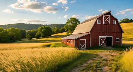 Classic Red American Barn in a Golden Wheat Field at Sunset.