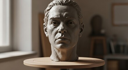 Clay Sculpture of a Mans Head in an Artists Studio.