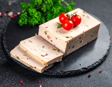 A close-up captures a sliced gourmet loaf featuring embedded nuts and seeds, adorned with vibrant cherry tomatoes and fresh parsley - Powered by Adobe
