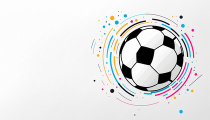 a dynamic and modern football banner with a soccer ball surrounded by colorful abstract circles and lines, on a light background with copy space.