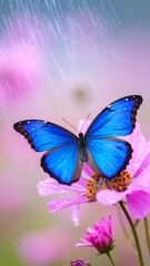 A vibrant blue butterfly rests on a pink flower, bathed in soft, rain-streaked light