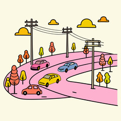 Naklejka premium Cars on a pink road with autumn colored trees and orange clouds Keywords: car, road, driving