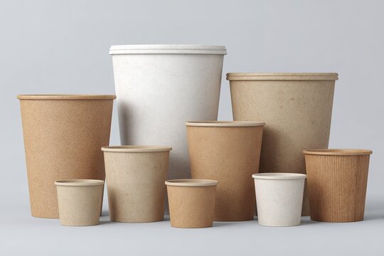Variety of eco-friendly paper cups arranged on a light background showcasing sustainable dining options