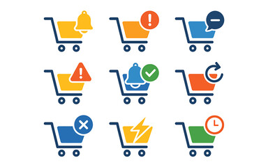 E Commerce Shopping Cart Icons Collection with Notification Alert Update Remove Refresh and Time Indicator Concepts for Online Retail