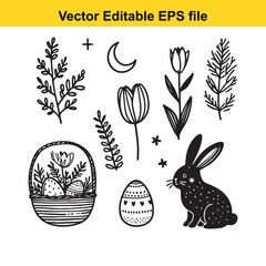 Vector art of easter bunny, eggs, tulips, moon, and foliage elements in a handdrawn sketch style
