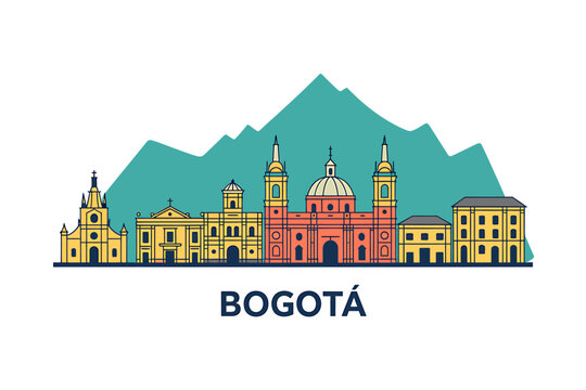 Bogota Cityscape Vector Illustration featuring Architectural Landmarks and Mountain Backdrop Design for Travel and Tourism