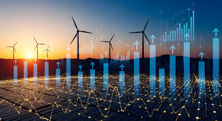 Wind Turbines and Financial Data Over Sunset Landscape
