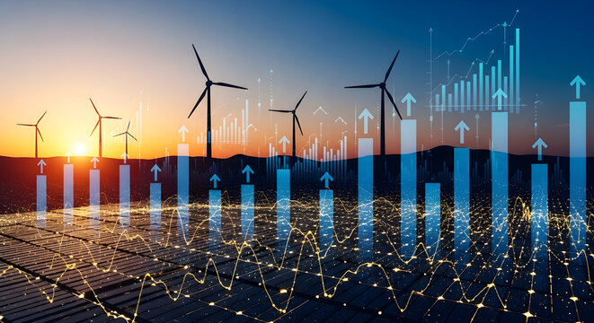 Wind Turbines and Financial Data Over Sunset Landscape - Powered by Adobe