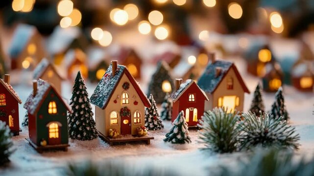 Tiny home advent calendar village on a snowy winter evening, miniature houses and trees lit by twinkling string lights creating warm, festive bokeh and cozy holiday charm