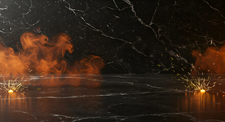 Dramatic marble surface with fiery orange smoke and sparks creating a dynamic and captivating abstract visual for product displays or artistic backgrounds sign of Halloween.