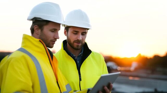 Civil engineers wearing safety jackets and helmets discussing construction plans on tablet at building site during sunset construction site, civil 