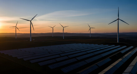Wind Turbines and Solar Panels at Sunset image