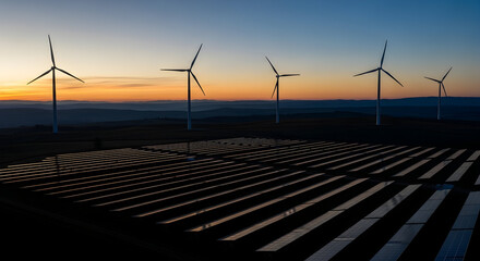 Wind turbines and solar panels at sunset in rolling hills