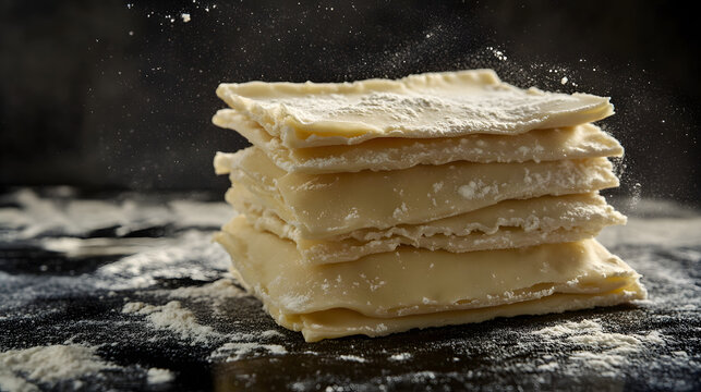 Ravioli in a symmetrical stack, each piece dusted with flour, crimped edges clearly defined, on a dark and matte surface.