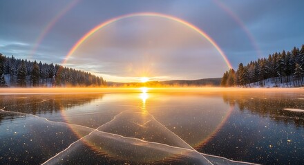 Golden sunrise with a lens flare halo over a frozen winter lake.