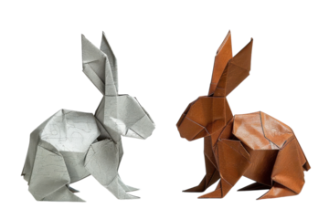 Elegant silver and brown origami rabbits on white during a serene creative moment