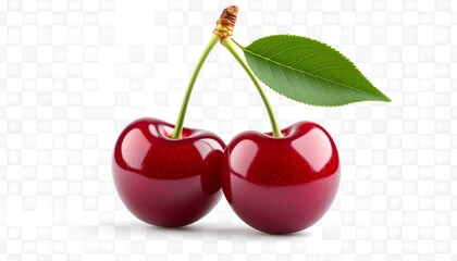 Two glossy red cherries with a leaf