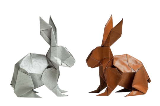 Elegant silver and brown origami rabbits on white during a serene creative moment