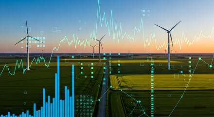 Wind turbines in a field with financial data overlays
