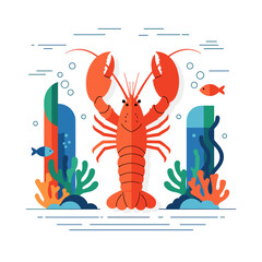 Lobster swimming among colorful corals and fish in the ocean on a transparent background 