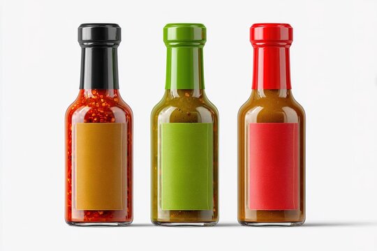 Three colorful condiment bottles with different sauces on a white background for various culinary uses