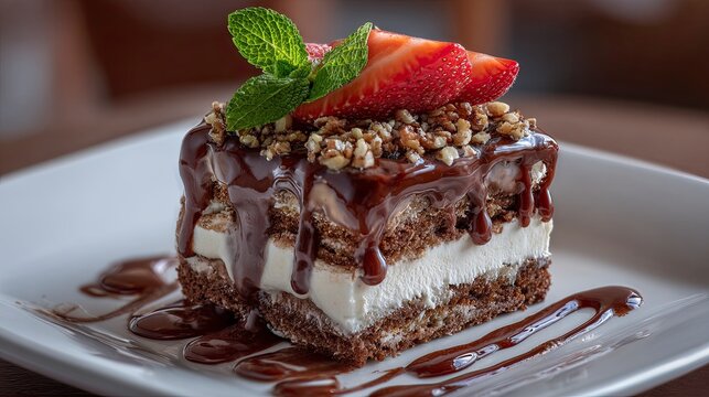 Delicious Chocolate Strawberry Cheesecake with Mint Garnish on White Plate - Powered by Adobe