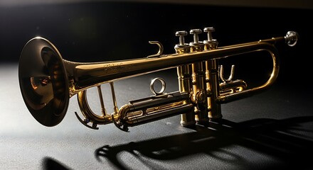 Golden Trumpet Instrument on Dark Background.
