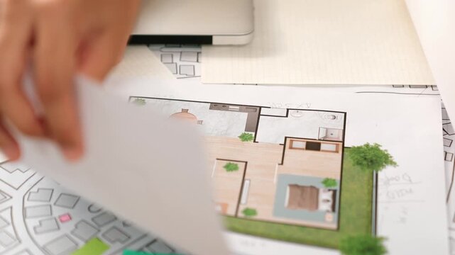 Professional engineer team discussion about house design on meeting table with architectural equipment and building blueprint scatter around at modern office. Focus on hand. Closeup. Delineation.