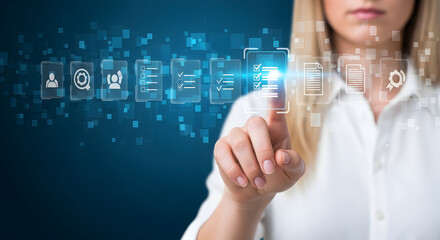 Woman Touching Digital Interface with Icons finger