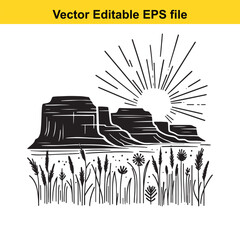 Vector art of a black and white illustration of a desert landscape with mesas, a rising sun, and tall grasses in the foreground