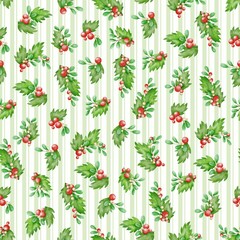 Seamless Christmas pattern with watercolor holly leaves, red berries on light green stripes. Holiday design, great for fabric, textile, wrapping paper, cards, backdrop, festive projects, stationery