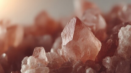 Close-Up View of Beautiful Pink Himalayan Salt Crystals with Shimmering Texture Against a Neutral Background