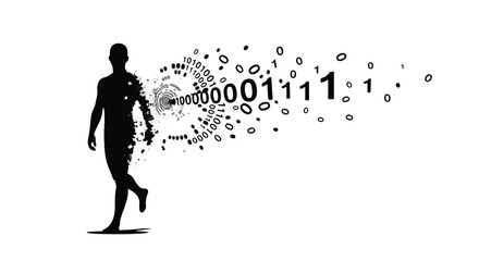 Silhouette of a person dissolving into digital data streams, representing transformation and technology.
