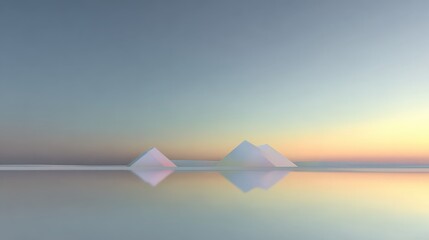 Serene Abstract Landscape with Geometric Pyramids Reflected on Calm Water at Dawn, Magical Soft Color Palette and Tranquil Atmosphere