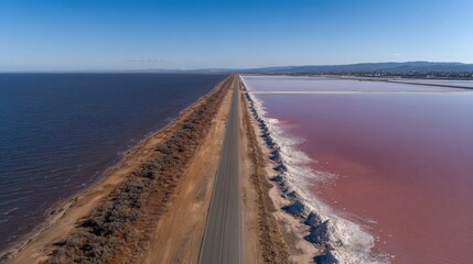 Aerial View of Vibrant Pink Salt Lake Alongside Calm Blue Water and Scenic Road Under Clear Sky in Natural Landscape