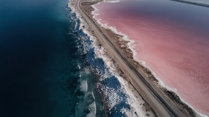 Aerial View of Stunning Colorful Salt Lake Shoreline with Vibrant Pink and Deep Blue Waters Captivating Natural Landscape and Scenic Beauty