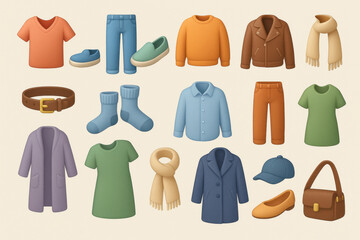 3D Minimal Wardrobe Icons. Minimal wardrobe set of icons in 3D color style: v-neck tee, straight jeans, slip-ons, sweatshirt, leather jacket, simple