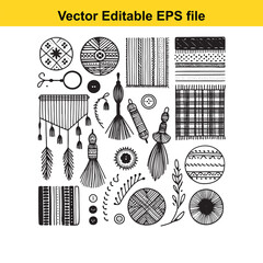 Vector art of collection of handdrawn bohemian elements including tassels, buttons, yarn balls, and patterns