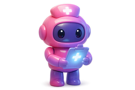 Pink nurse robot with futuristic design holding a glowing medical cross symbolizing hospital healthcare, nursing care, patient assistance and digital medicine
