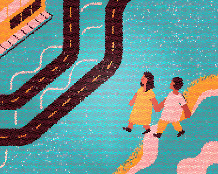 Two children walk handinhand on a colorful path beside a road made of candy