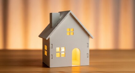 A small, white model house with illuminated windows and an open door