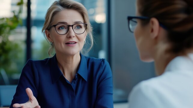 Caucasian female professionals engaged in discussion at modern office setting