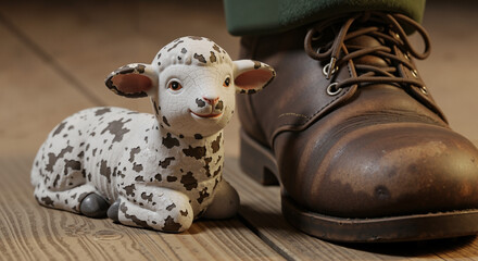 Lamb figurine beside brown boot on wooden floor indoors  