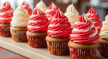 Red and white cupcakes with swirled frosting on wooden platter  