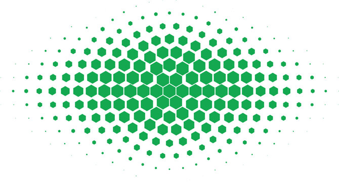 Abstract geometric background featuring green hexagonal dots arranged in a symmetrical wave pattern modern halftone texture futuristic digital grid concept minimal vector design backdrop